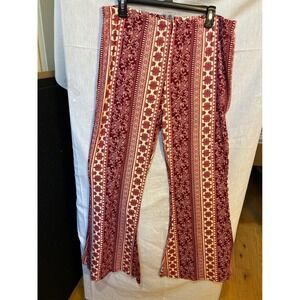 Mono B Women 2X Boho Festival Flare Leg Pants Burgundy Cream Tribal Pattern